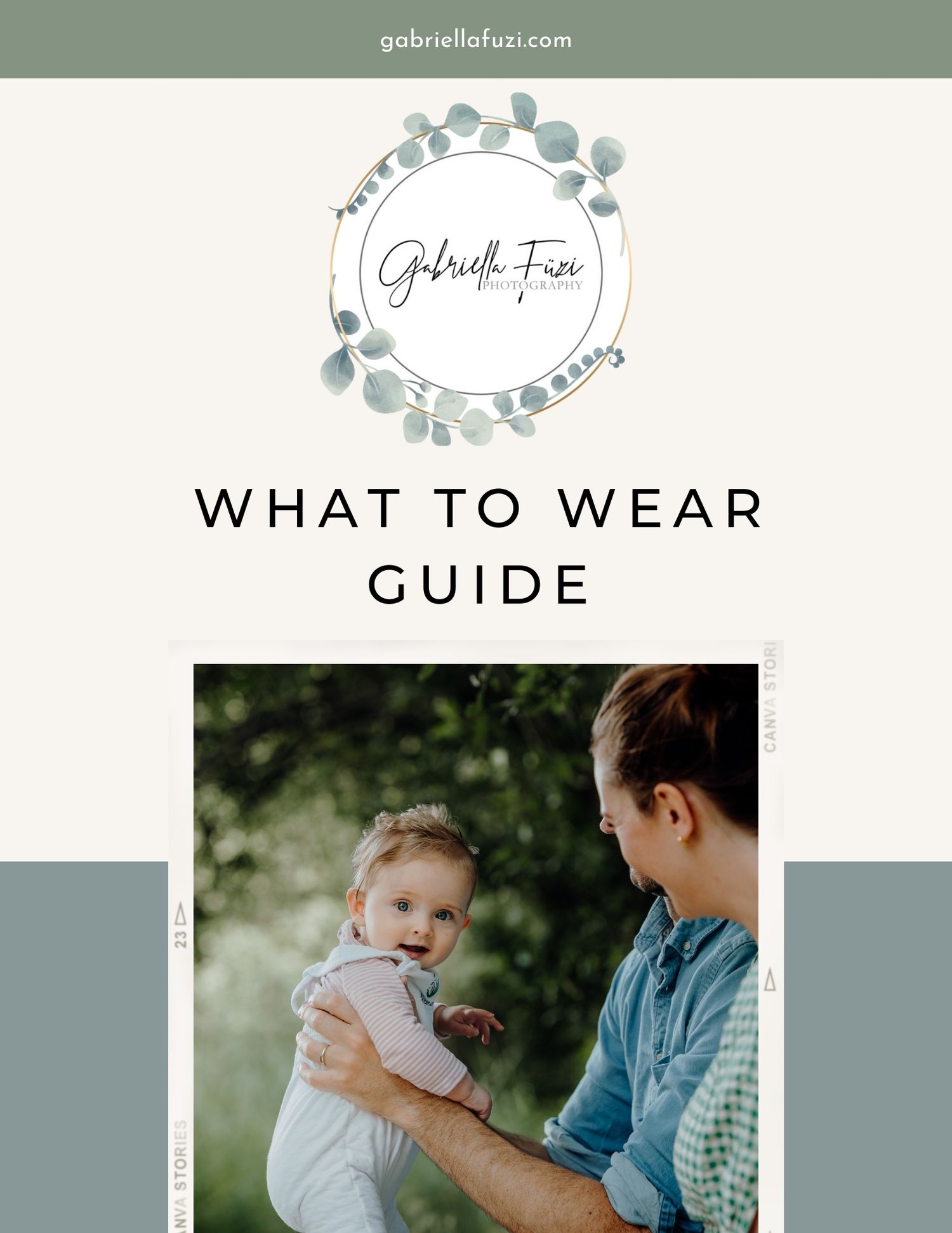 A blue-tinted banner design showing 'What to Wear Guide' text with family photography images in a grid layout.