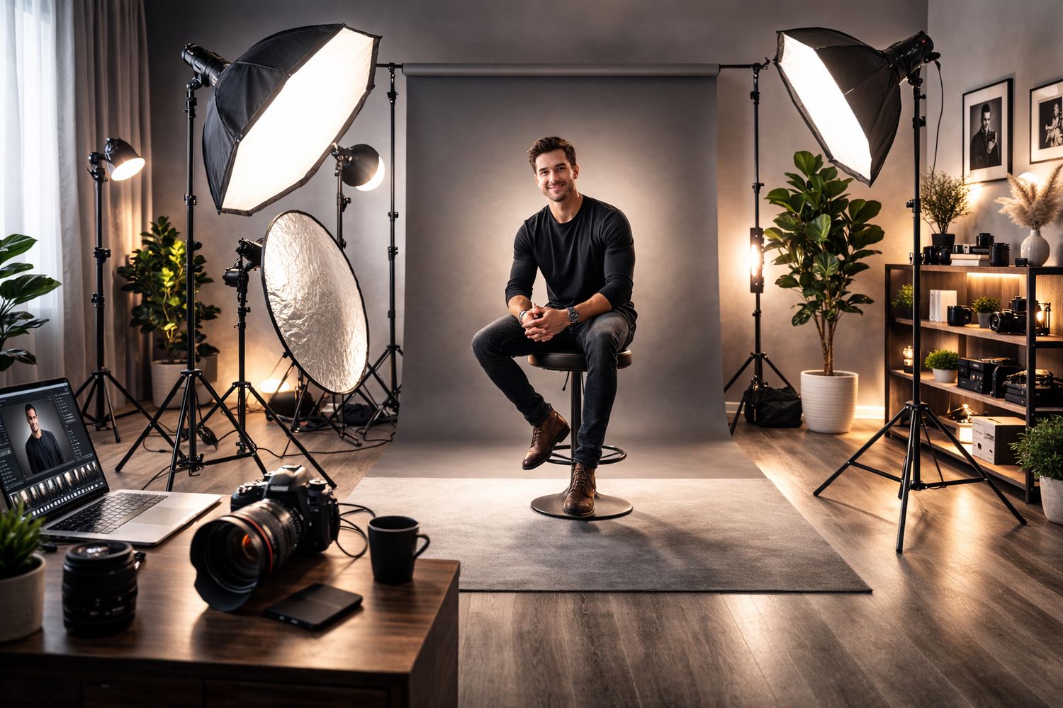 Professional photography studio setup with lighting equipment, backdrops, and camera gear arranged in a modern space.