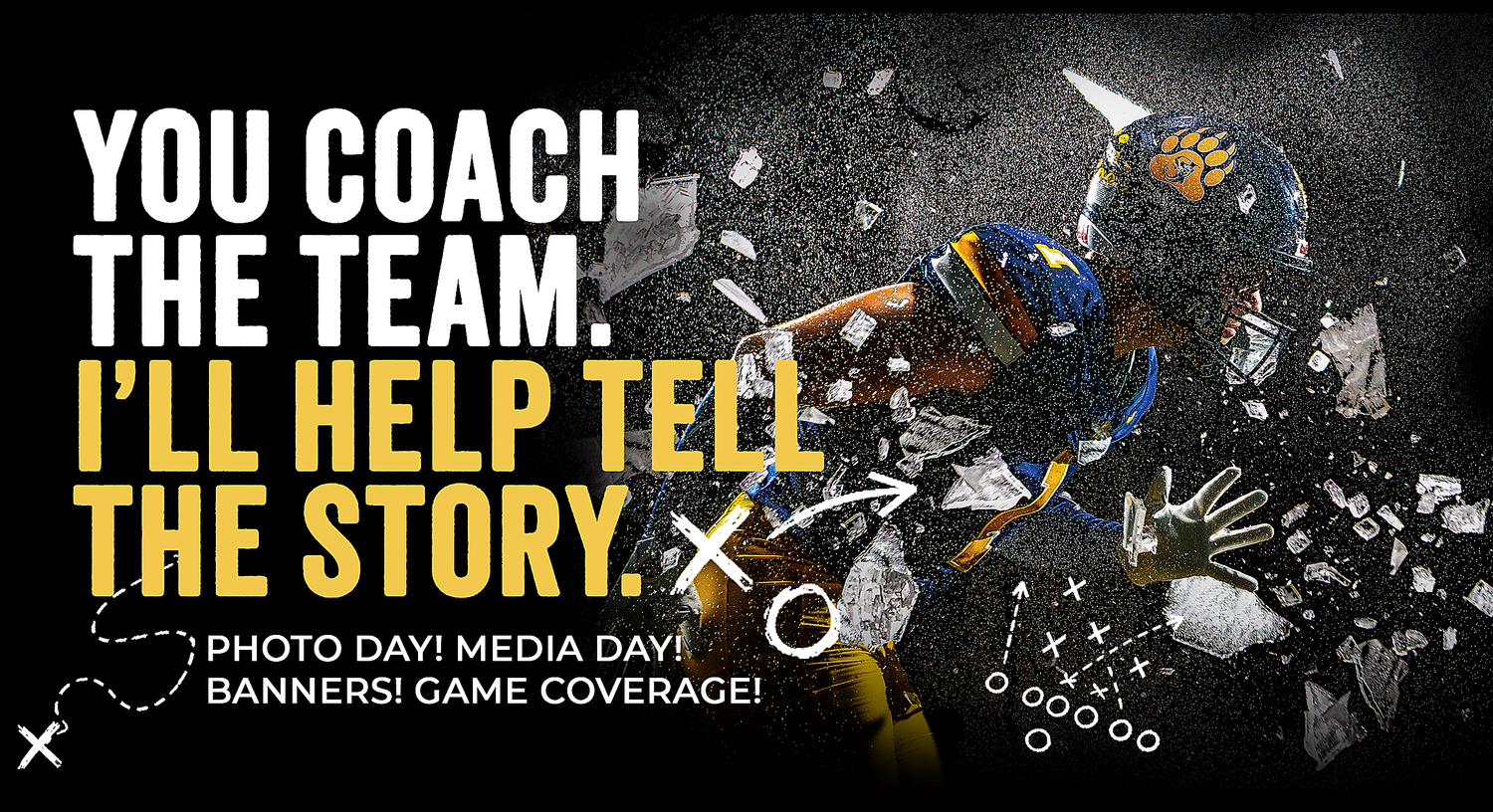 Sports photography promotional banner offering team coaching coverage, photo day, media day, banners, and game coverage services.
