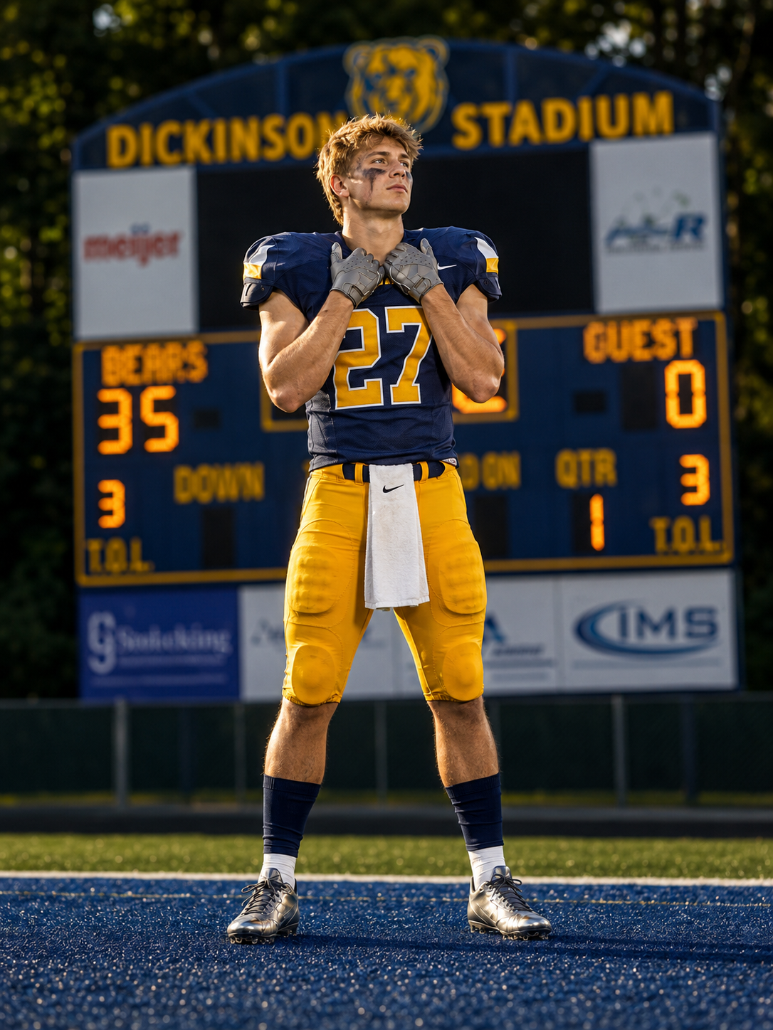Football player #27 poses in blue and gold uniform at Dickinson Stadium with scoreboard showing Bears 35, Guest 0.