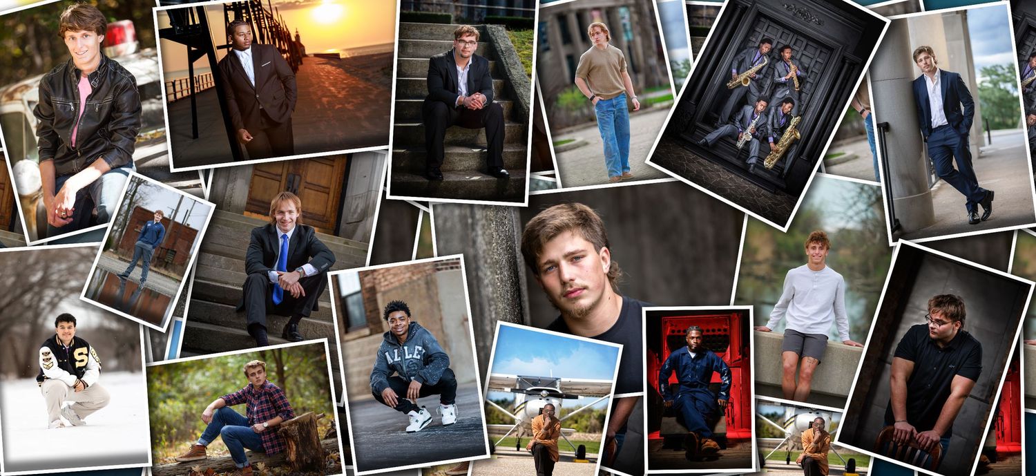 Collage of senior portrait photos featuring young adults in various outdoor and indoor settings with stylish poses.