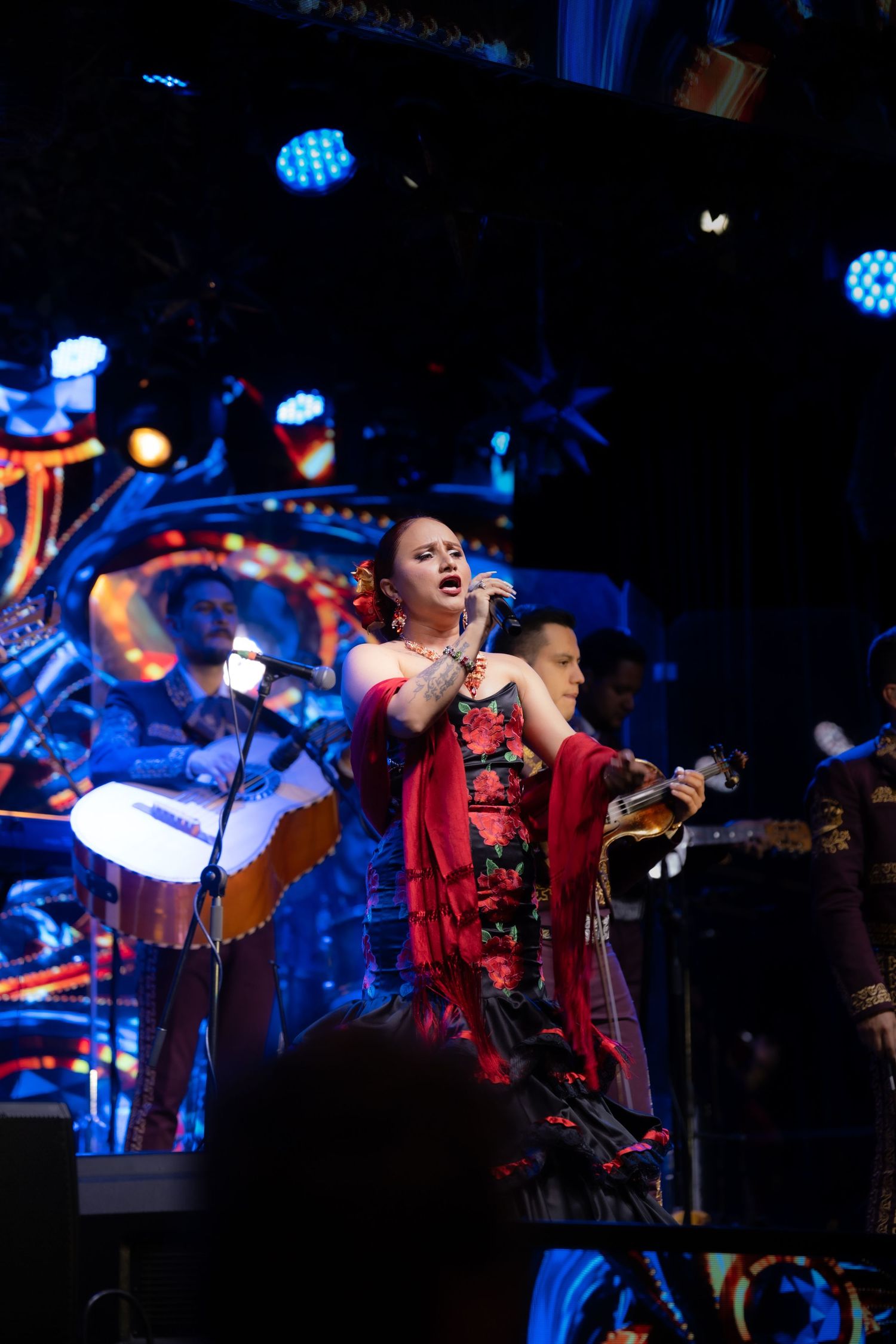 Singer performing passionately on stage with red shawl and decorative backdrop lighting.