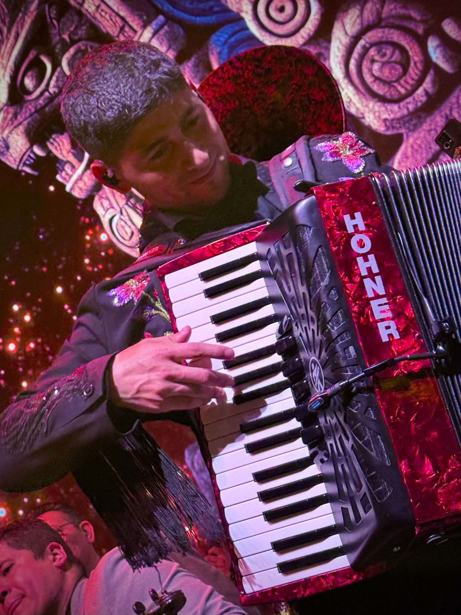 Musician playing accordion with colorful pink lighting effects in background.