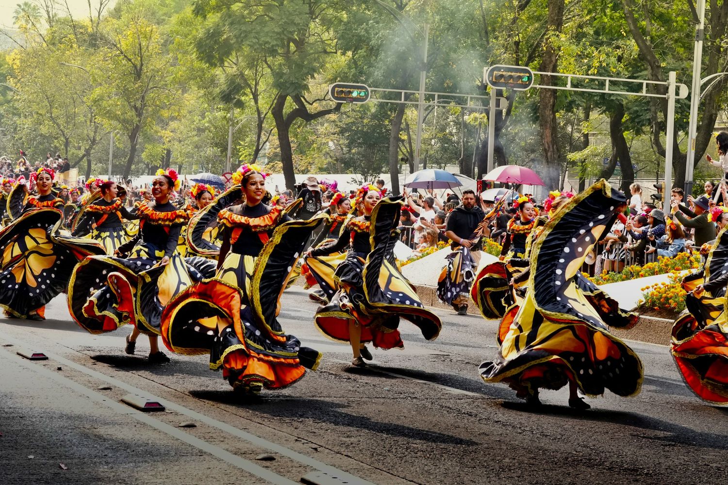 Folk dancers in vibrant orange and black costumes performing a synchronized routine outdoors.