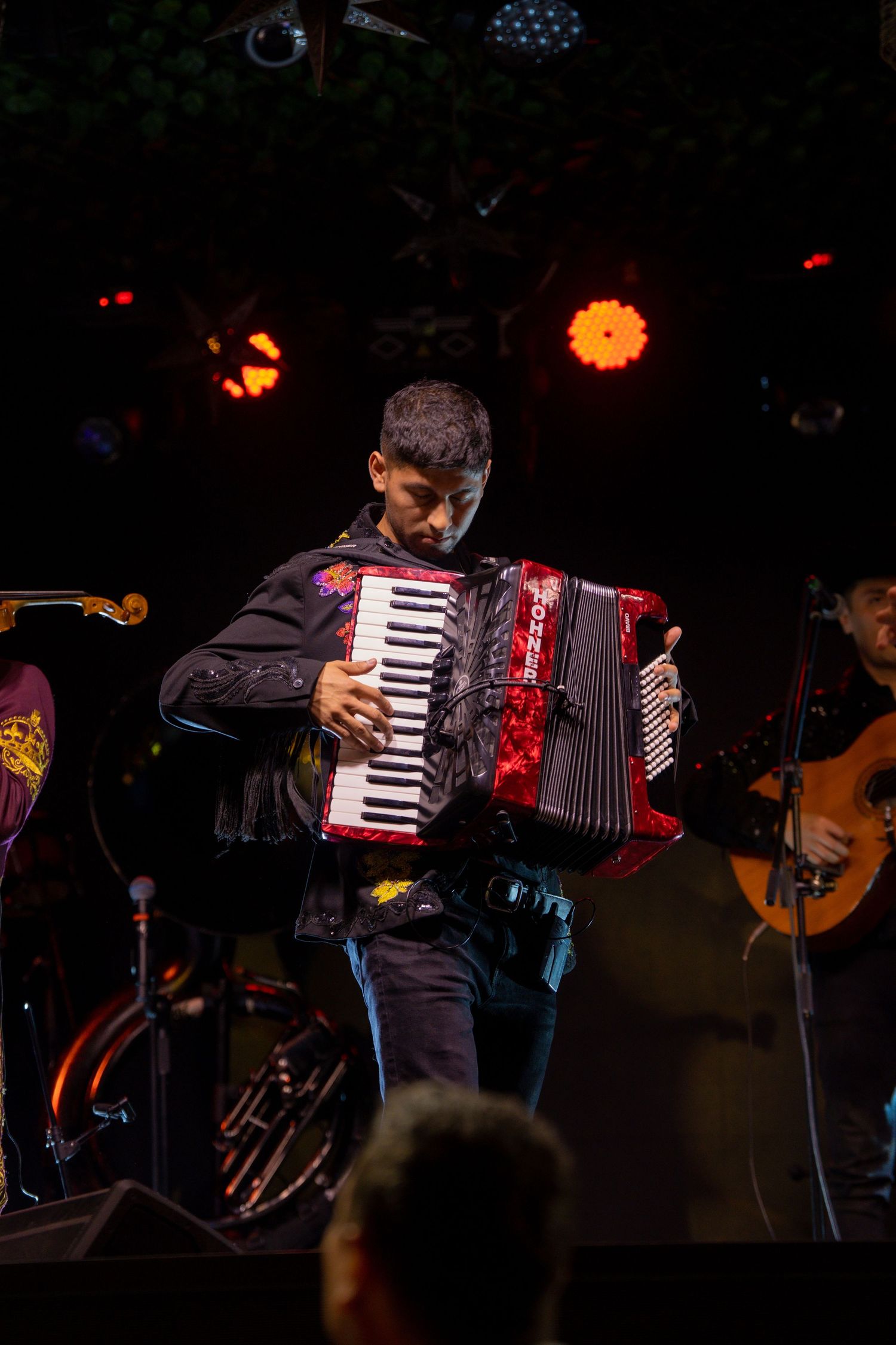 Musician playing red accordion on dark stage with dramatic lighting effects.