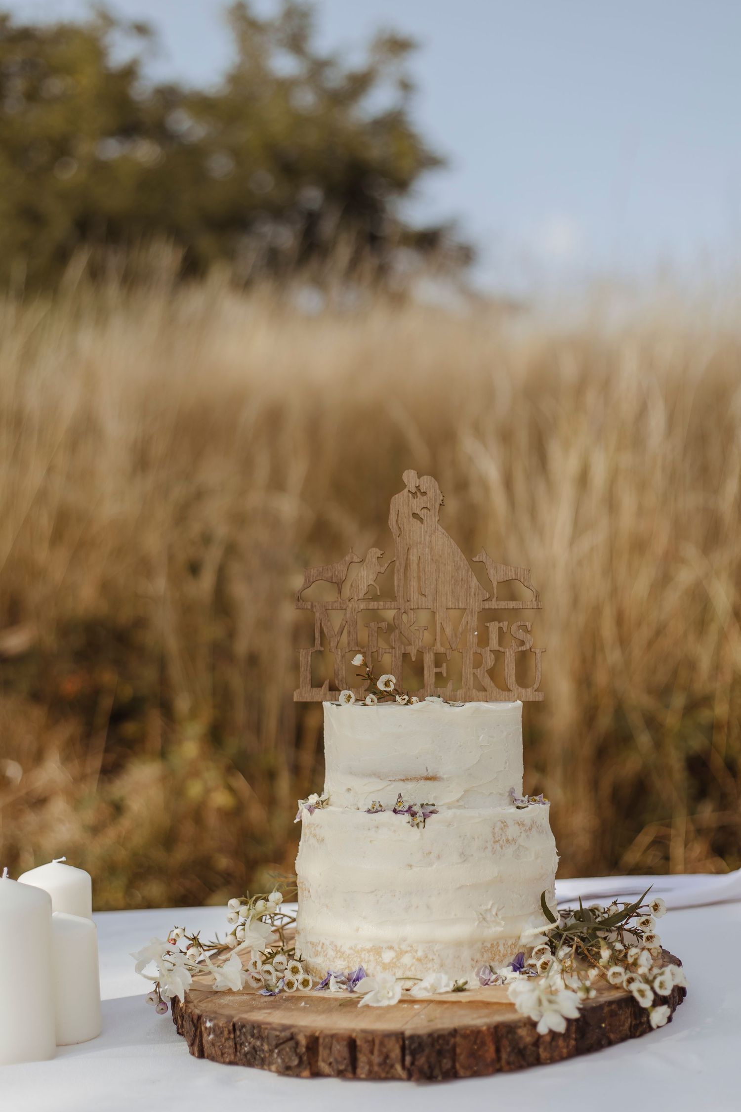 same
ChatGPT said:
A rustic two-tier wedding cake sits outdoors, decorated with flowers and a wooden topper.