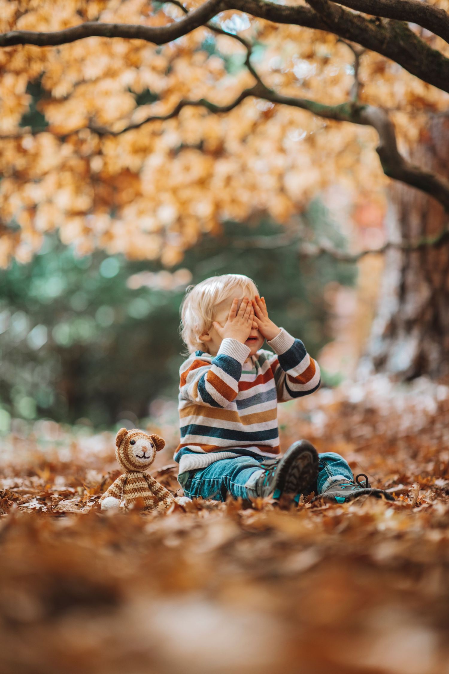 Small child sitting in autumn leaves under a tree, covering their face while a stuffed toy sits beside them.