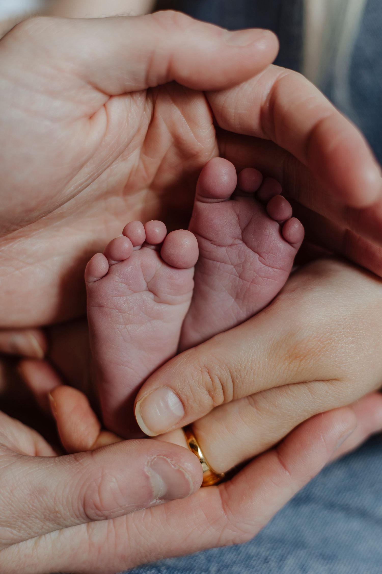 Two adults cup a newborn’s tiny feet in their hands, creating a warm, protective frame.