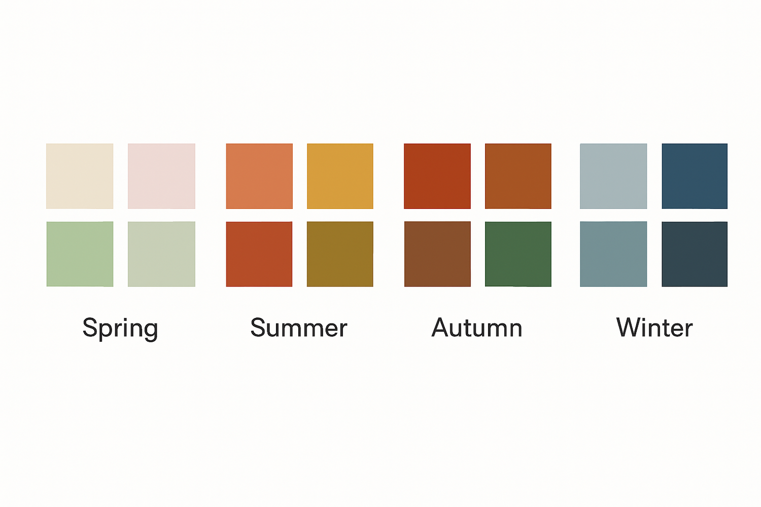 Seasonal colour palettes showing coordinated tones for spring, summer, autumn and winter outfit ideas for family photoshoots.