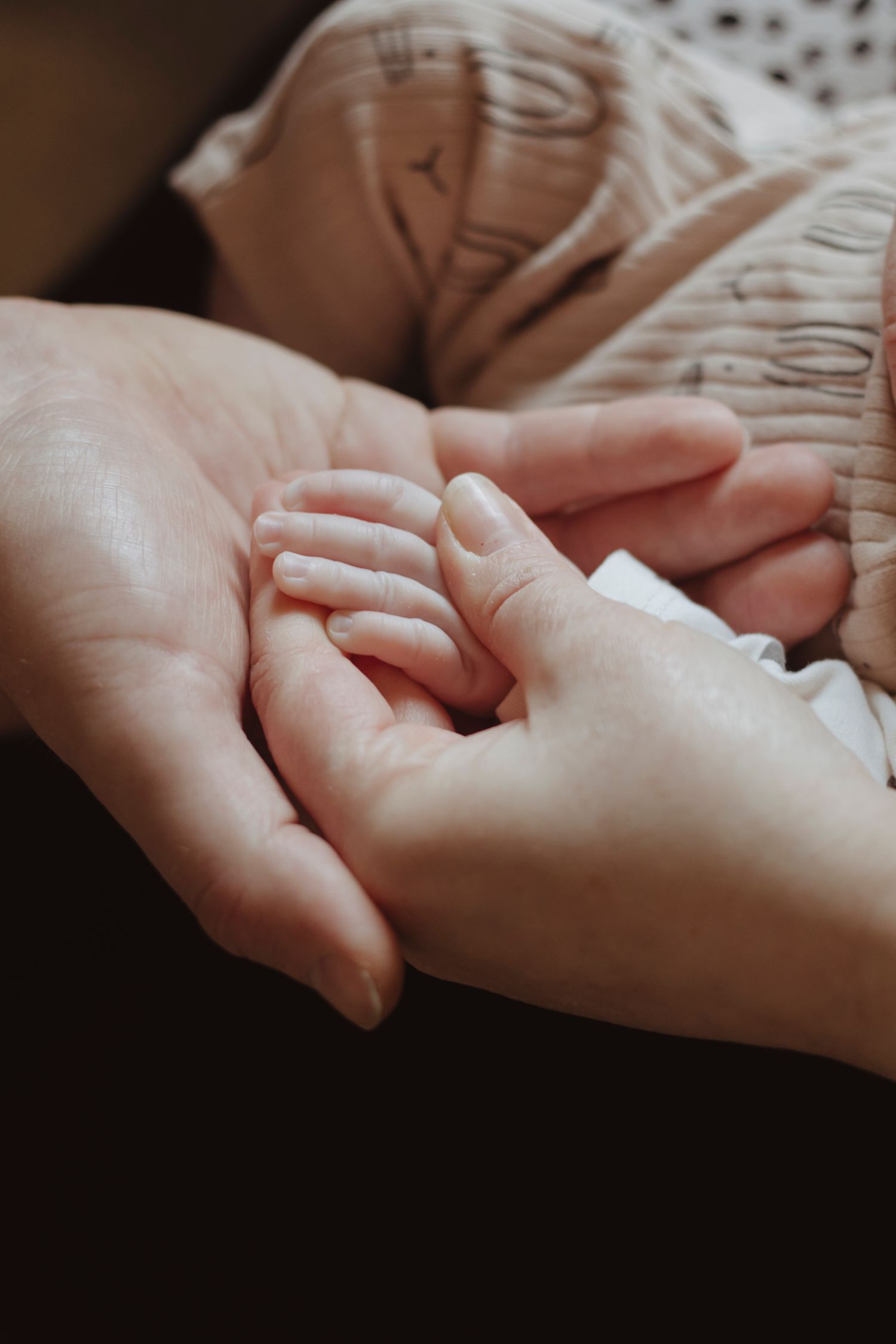 Two adults gently cradle a baby’s tiny hand, their palms forming a soft, protective hold.