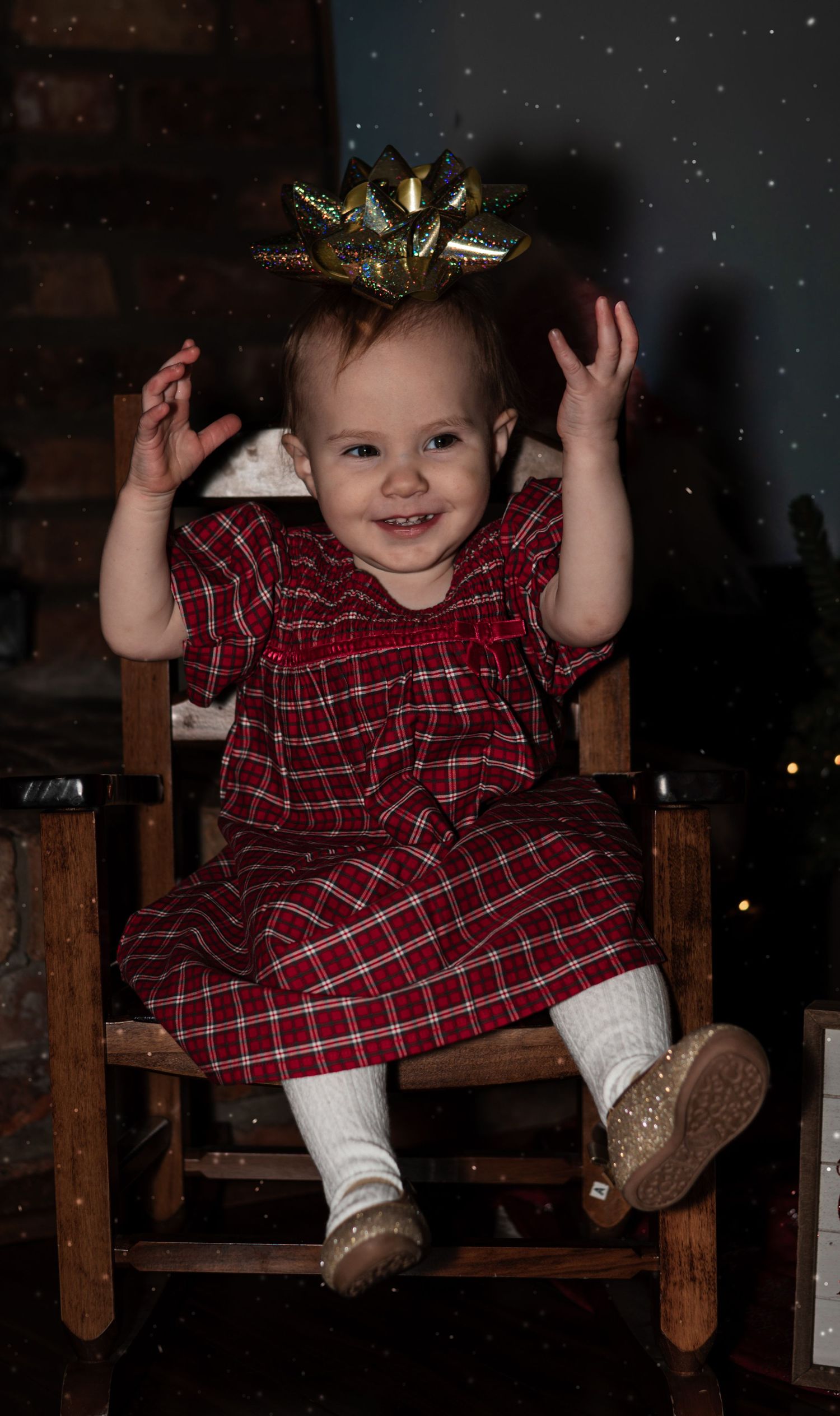 A series of festive holiday photos showing a child in a red plaid dress and sparkly boots sitting on a wooden bench.