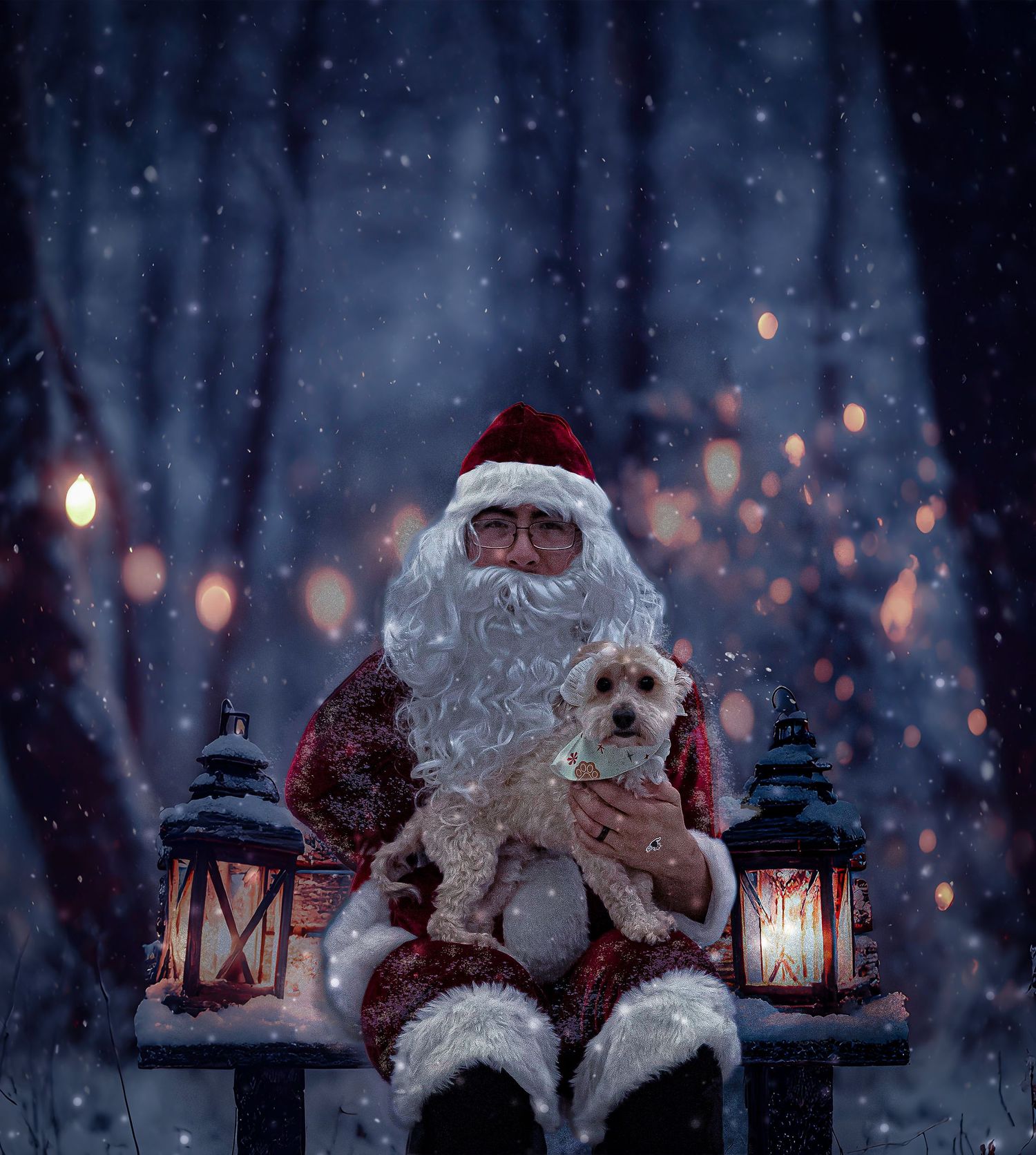 Santa Claus sits between glowing lanterns in a snowy forest at night with a small white dog on his lap.