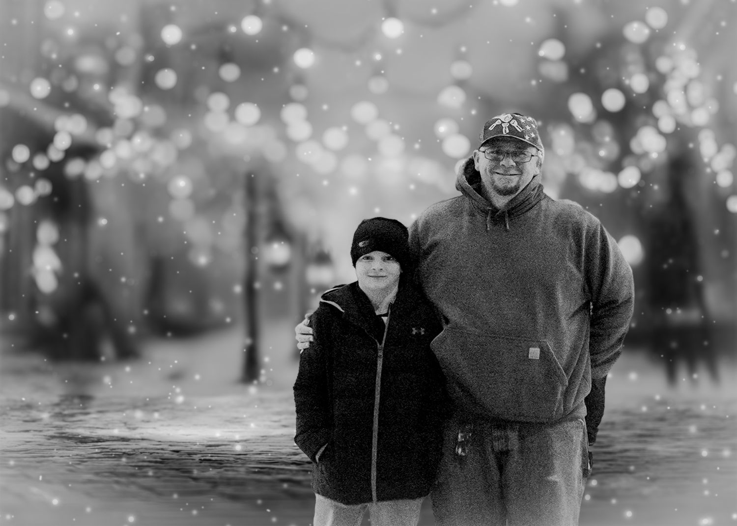 Two people walking together in a snowy winter park scene with bokeh lights creating a dreamy atmosphere.