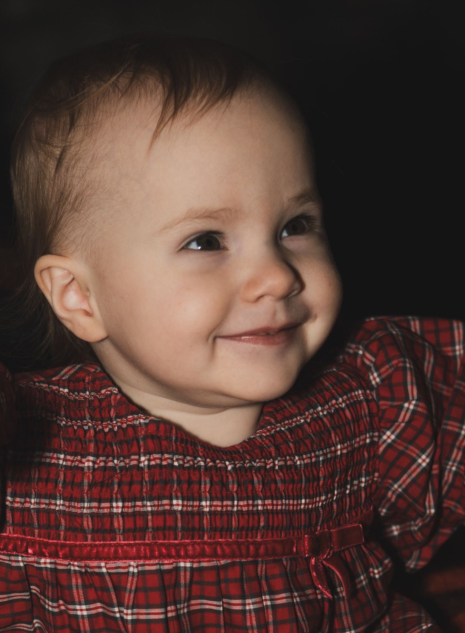 A baby wearing a red plaid smocked dress smiles warmly against a dark background.