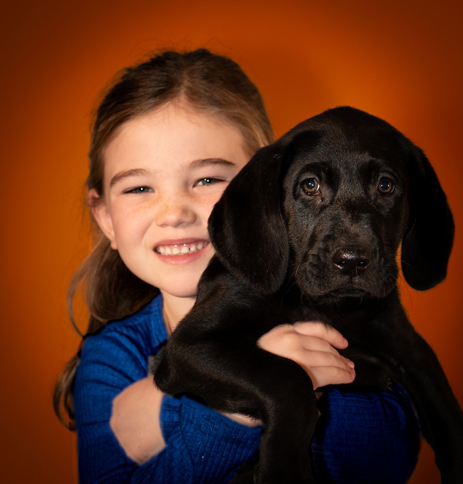 A black Labrador puppy and child share loving moments in a series of warm-toned portrait photographs.