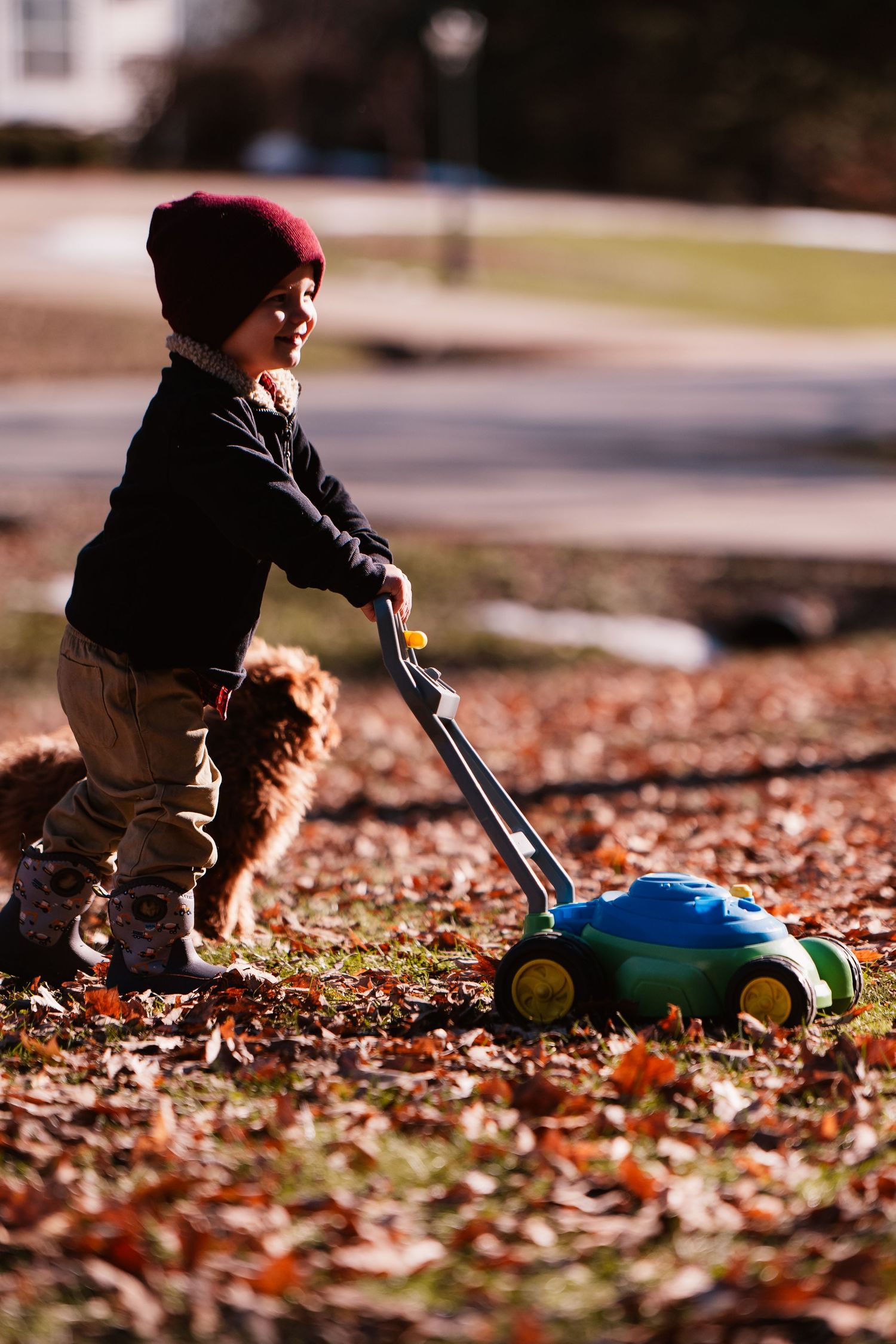 A toddler pushes a blue toy car through scattered autumn leaves on the ground.