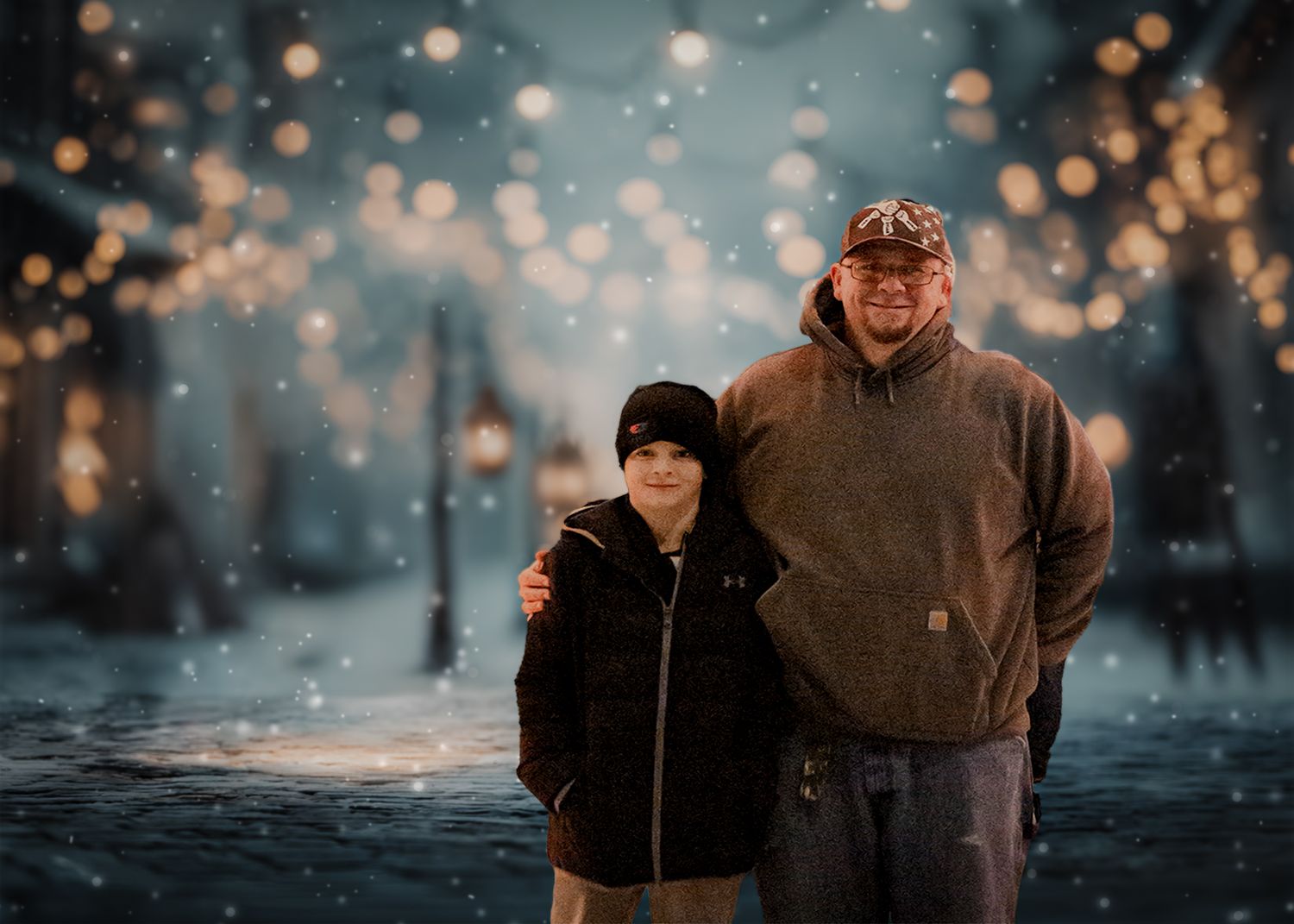 A couple stands together in winter with snow falling and bokeh lights creating a magical outdoor atmosphere.