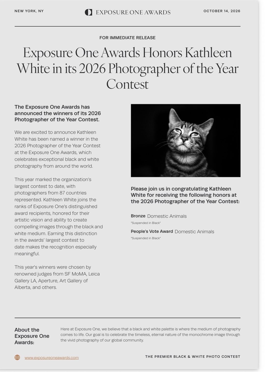 Black and white portrait of a tabby cat gazing upward against a dark background, featured in an Exposure One Awards press release.