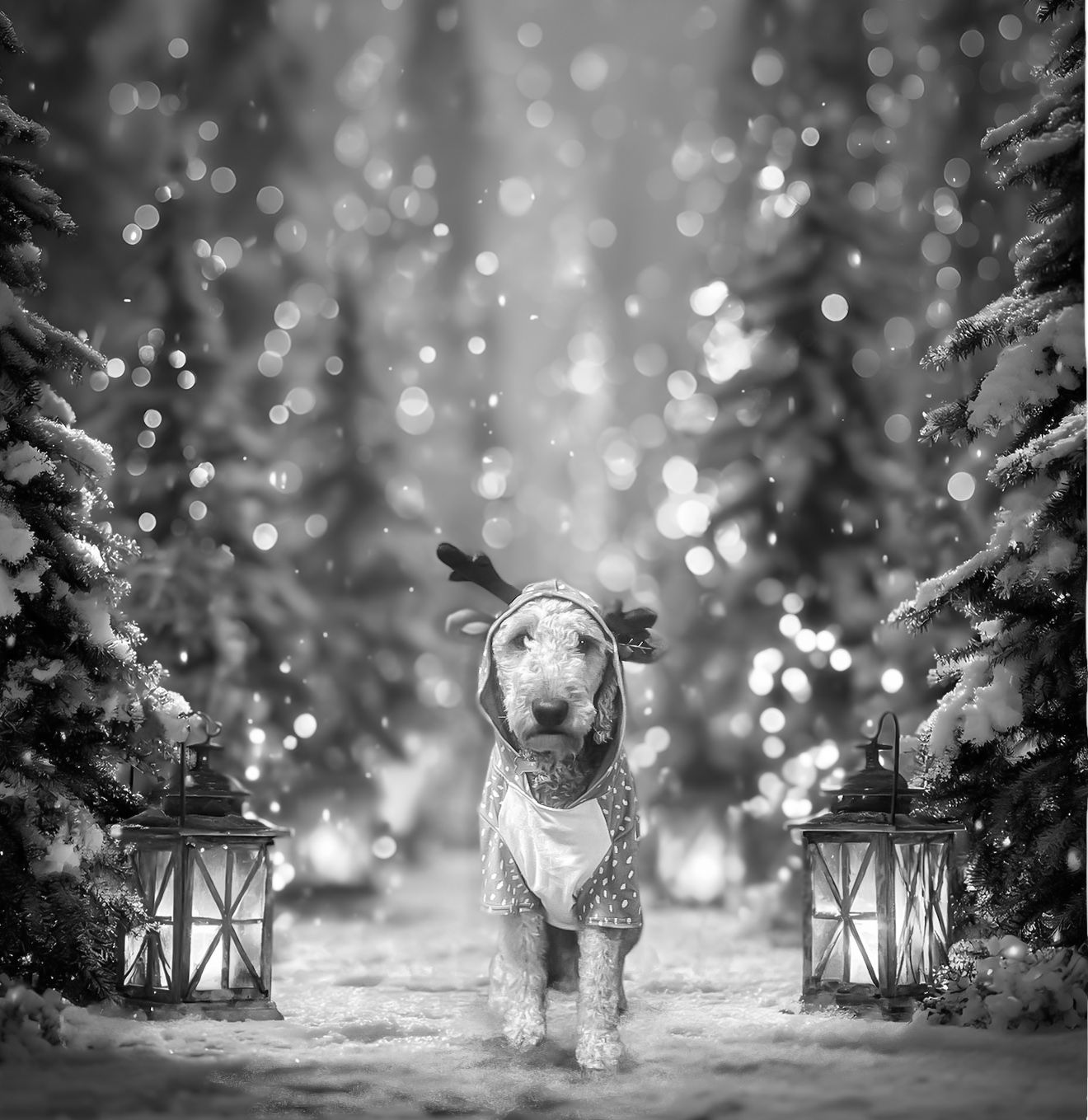 A dog wearing reindeer antlers stands between two lanterns in a snowy scene with magical bokeh lights in black and white.
