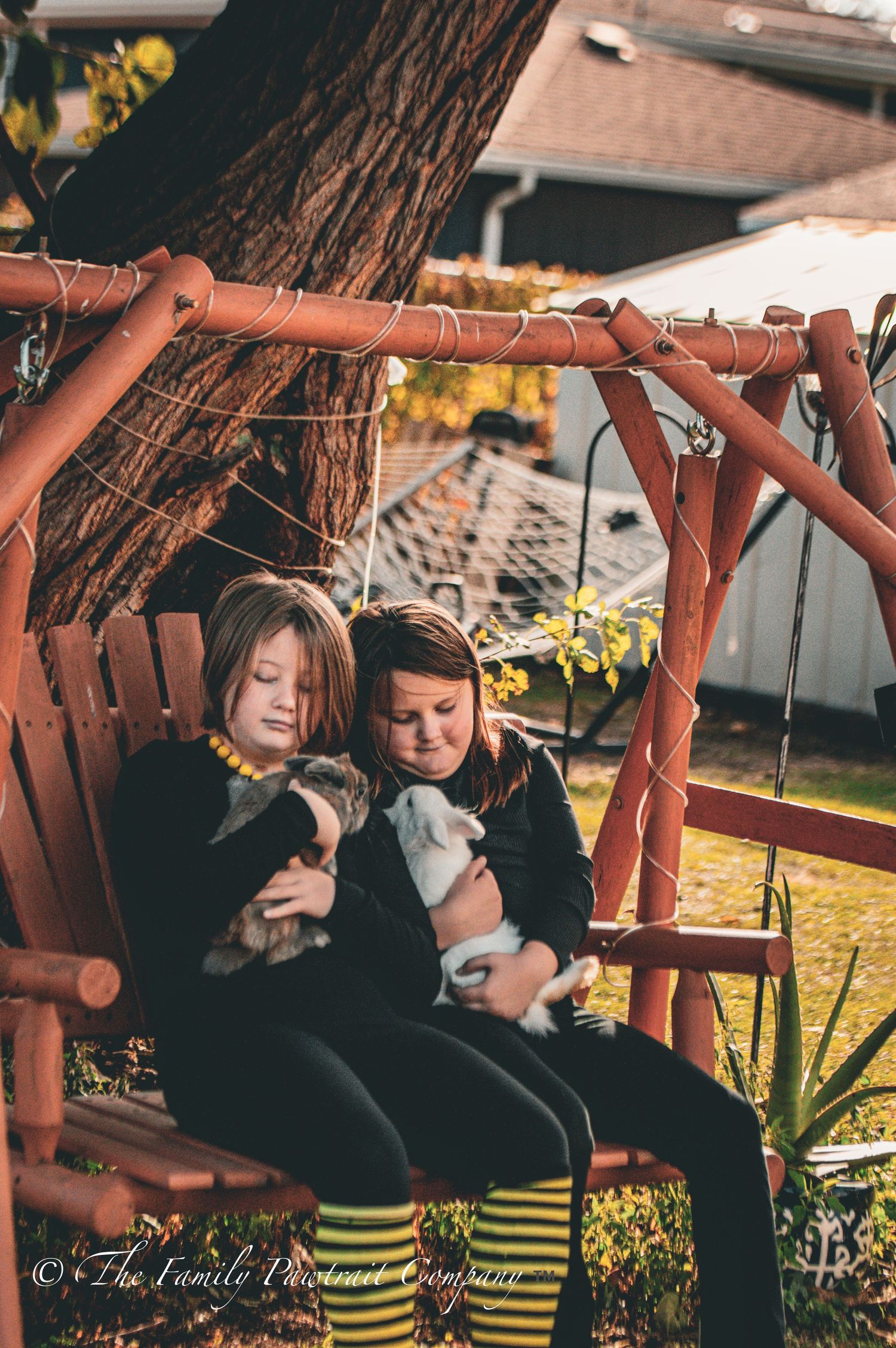 Children sitting together on a wooden swing set in a backyard at sunset.