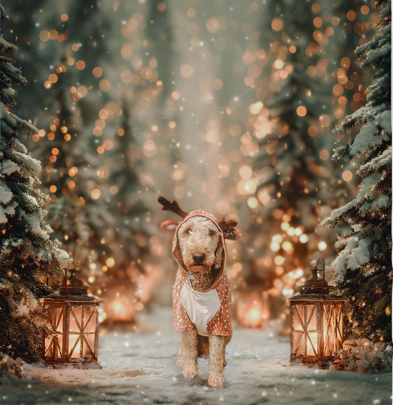 Lynx cat walks through snowy forest at dusk with glowing lanterns creating magical bokeh lighting effect.