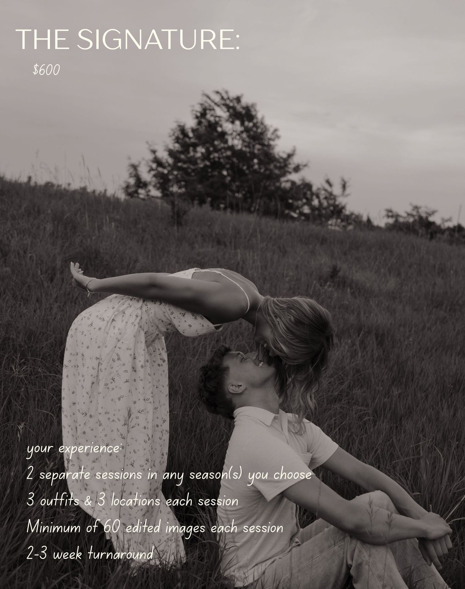 Couple embracing in a field, The Signature photography package, $600, includes 2 sessions, 3 outfits, 60 edited images.