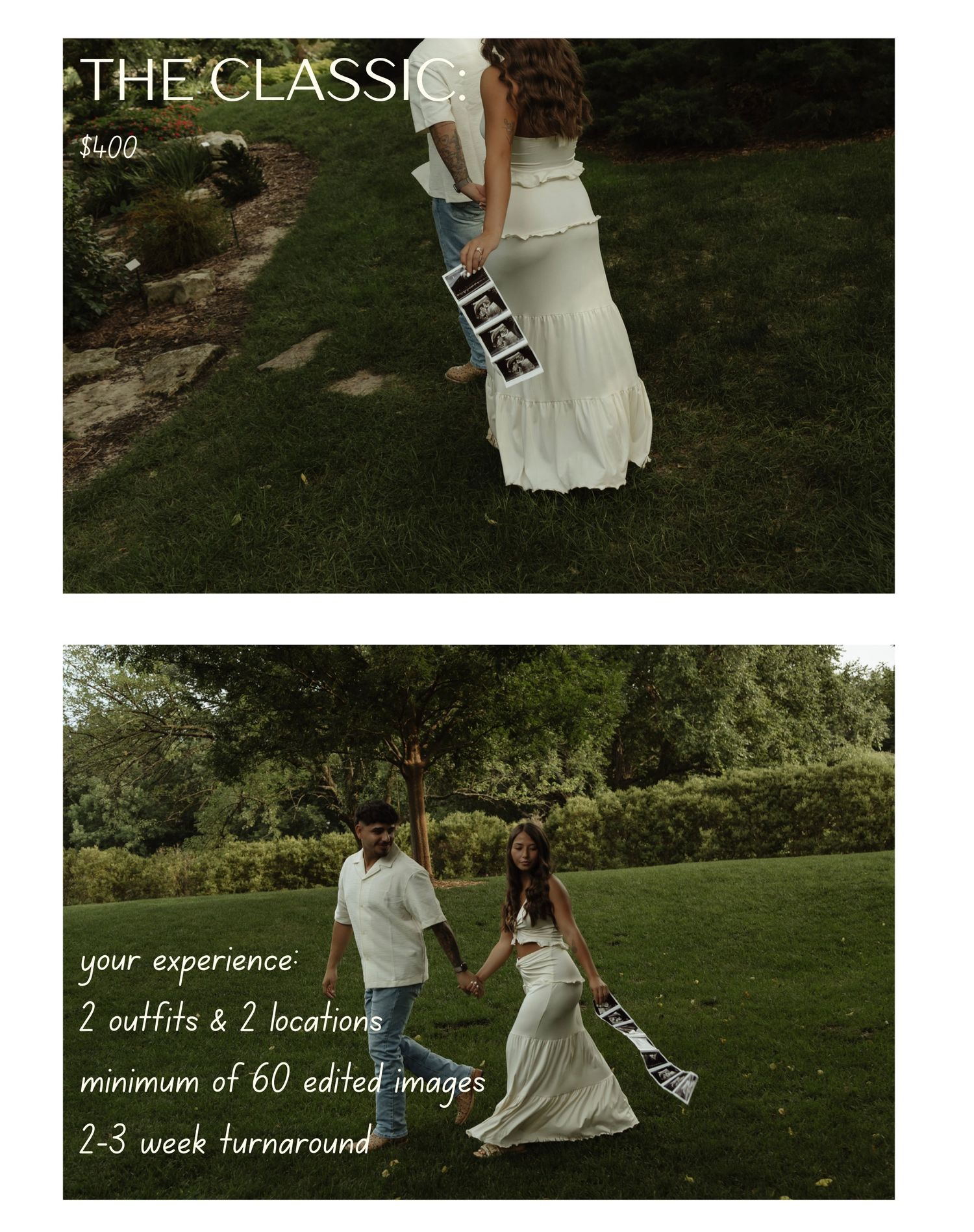 Maternity photography package promo showing couple outdoors holding ultrasound photos, offering 2 outfits, locations, 60 edited images.