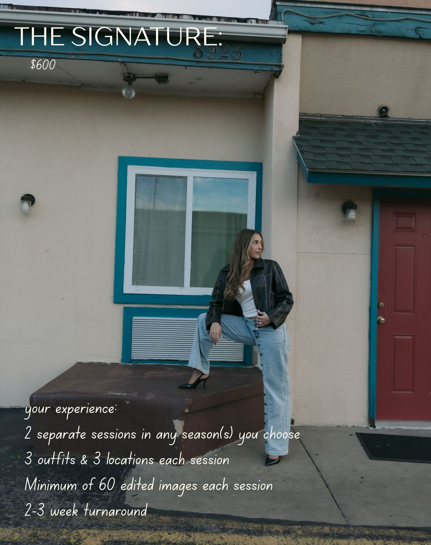 Woman in leather jacket and jeans poses outside motel for The Signature $600 photography package ad.