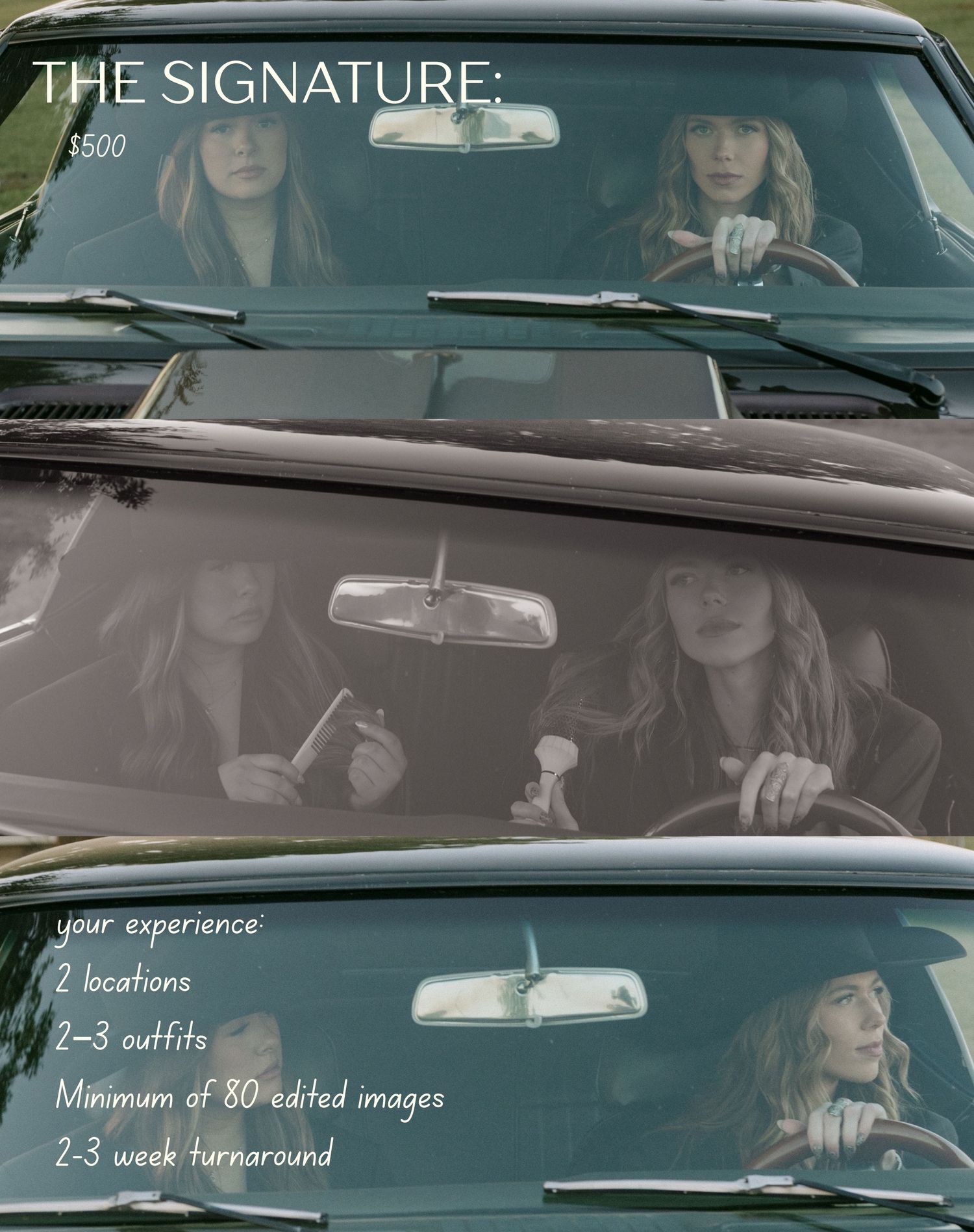 Woman posing in a black car for a photography package called The Signature, priced at $500, offering 2 locations and 80 edited images.