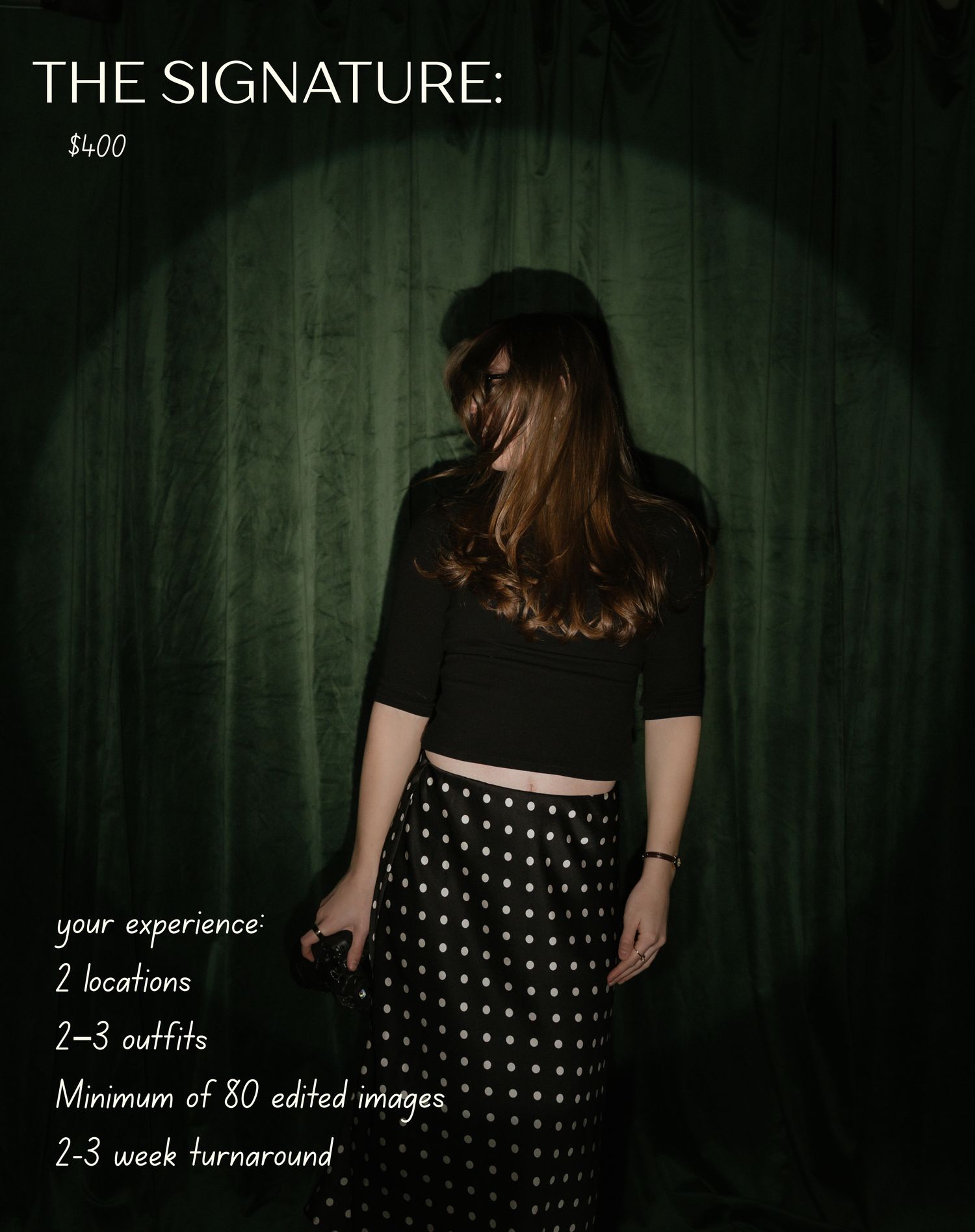 A woman in a black crop top and polka dot skirt poses for The Signature photography package priced at $400.
