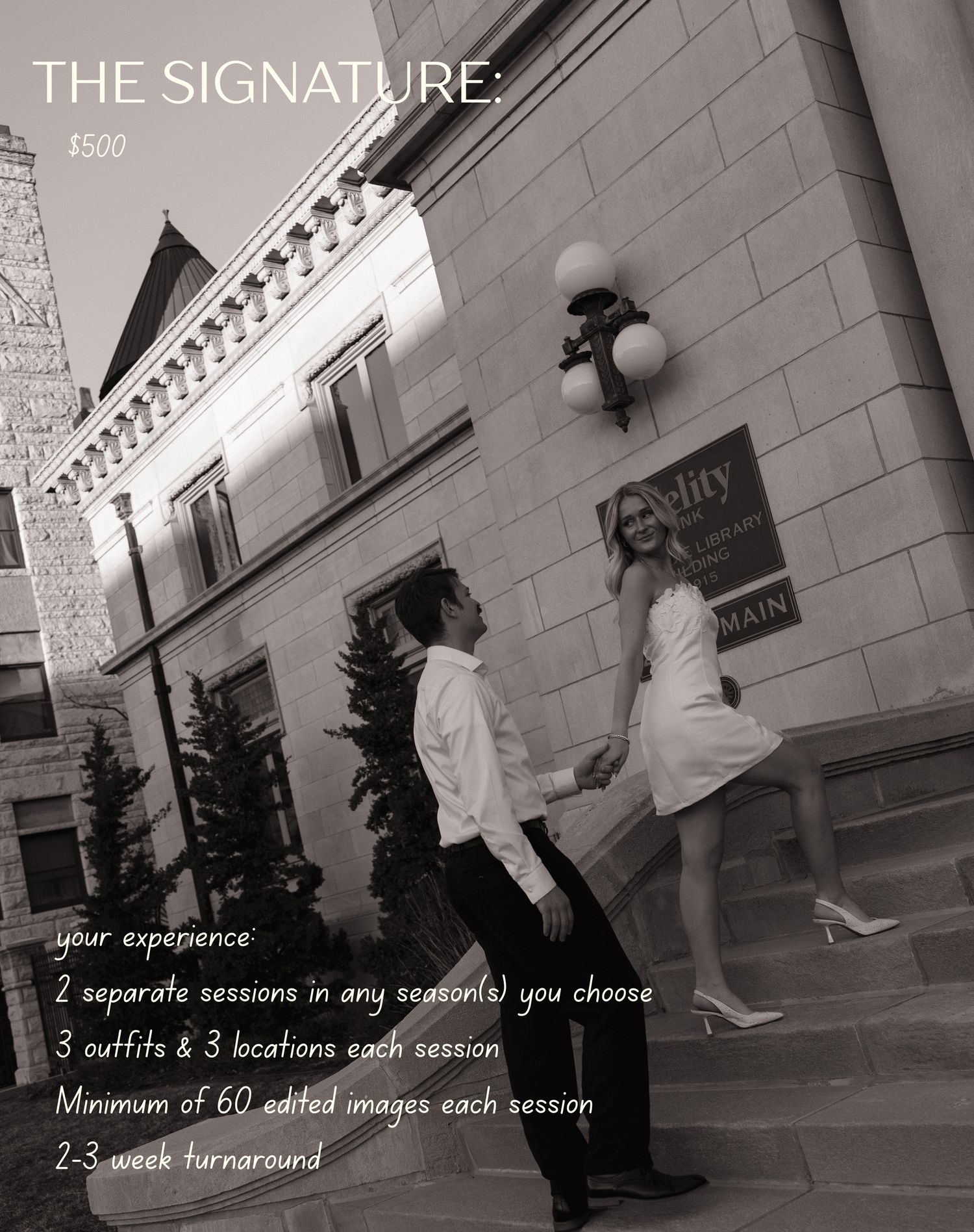 Black and white photo of a couple holding hands outdoors for The Signature $500 photography package ad.