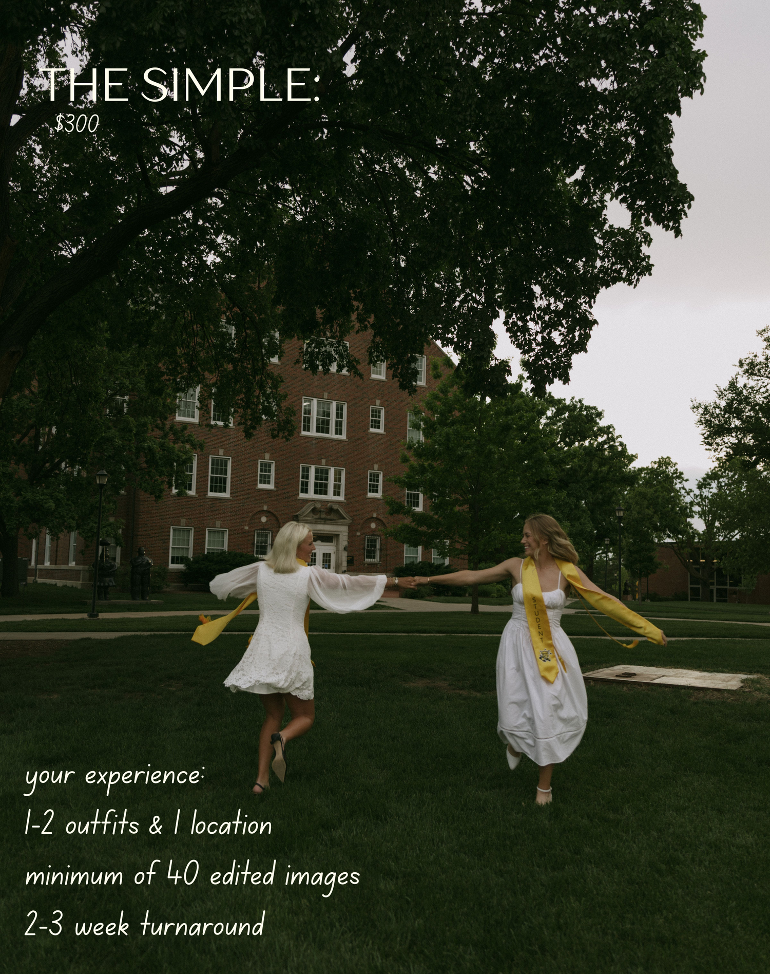 Two women in white dresses dance outdoors on green grass near a brick building, promoting a $300 photography package.