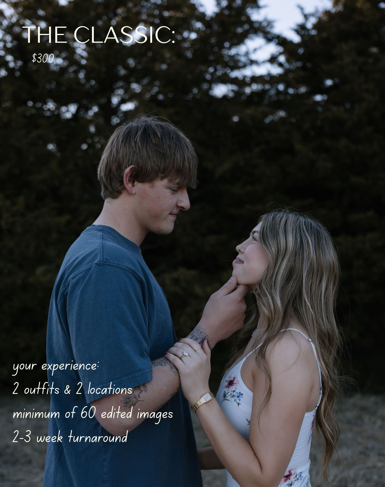 A couple shares an intimate moment outdoors with text overlay advertising The Classic photography package for $300.