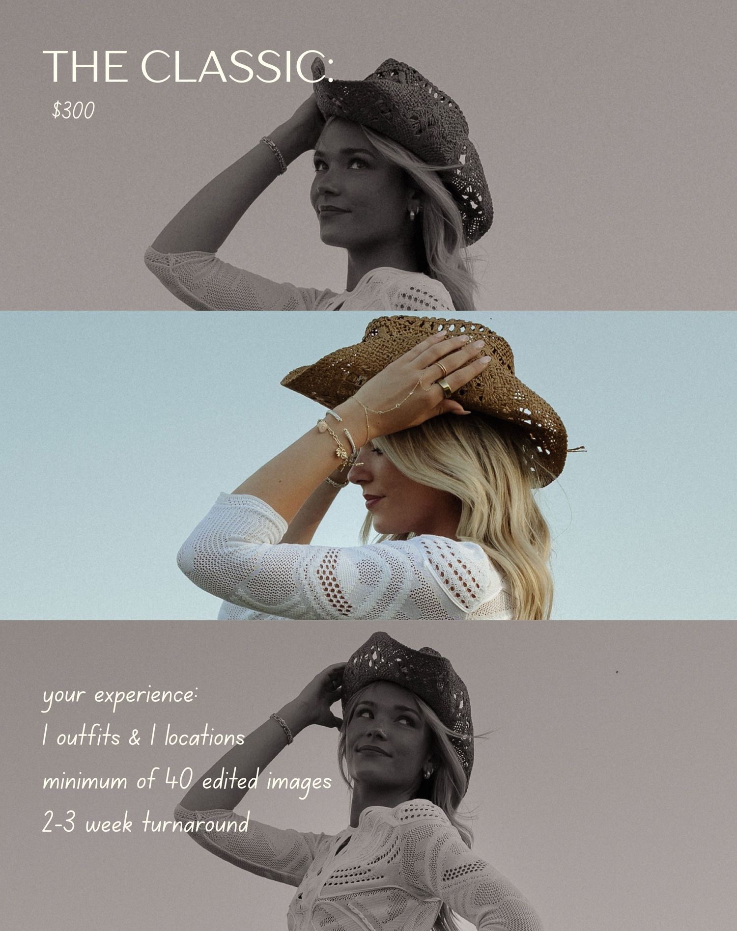 Classic $300 photography package featuring a blonde woman in a cowboy hat, offering 1 outfit, 1 location, 40 edited images.