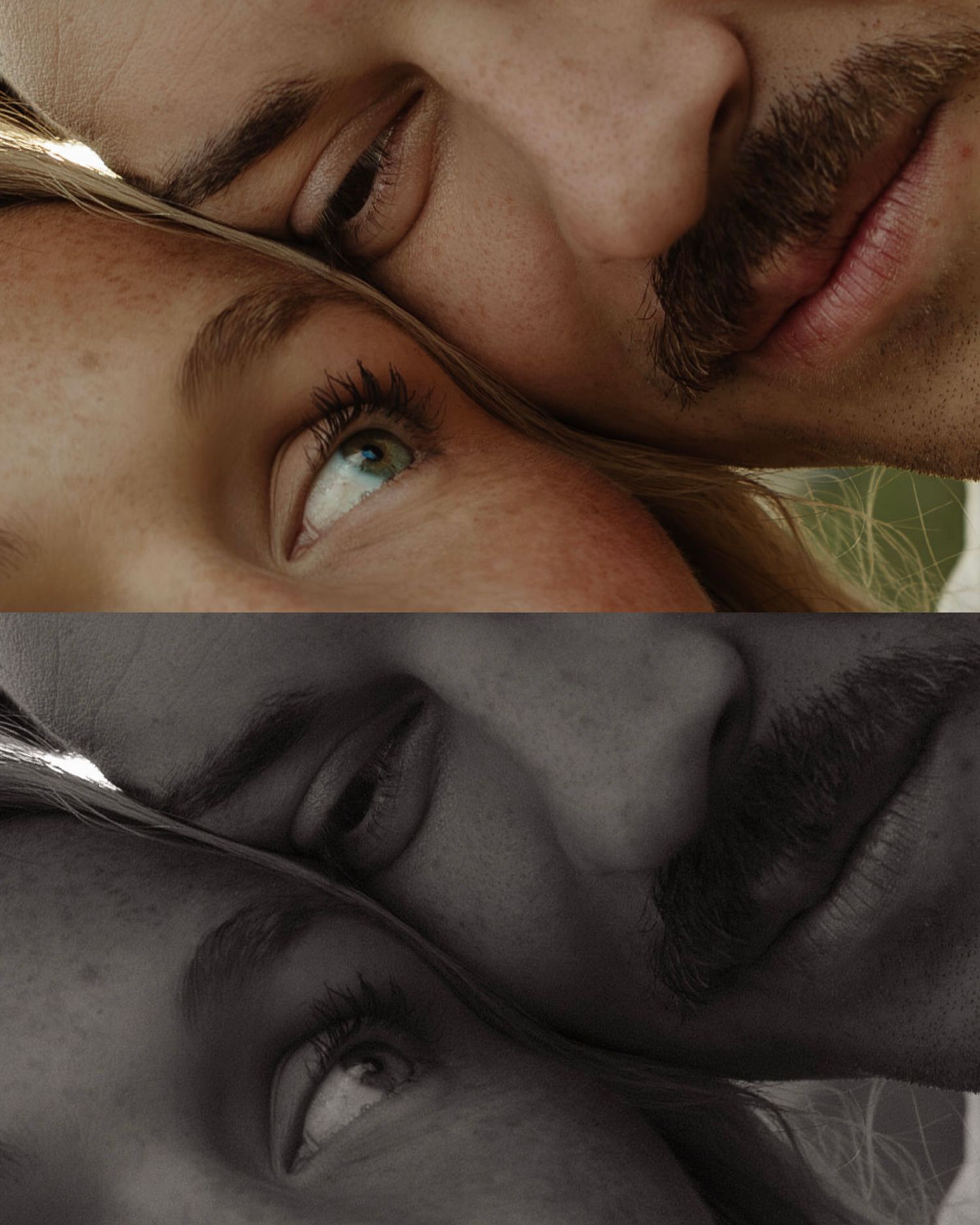 Close-up portrait of a couple with faces together, one color and one black-and-white version shown.