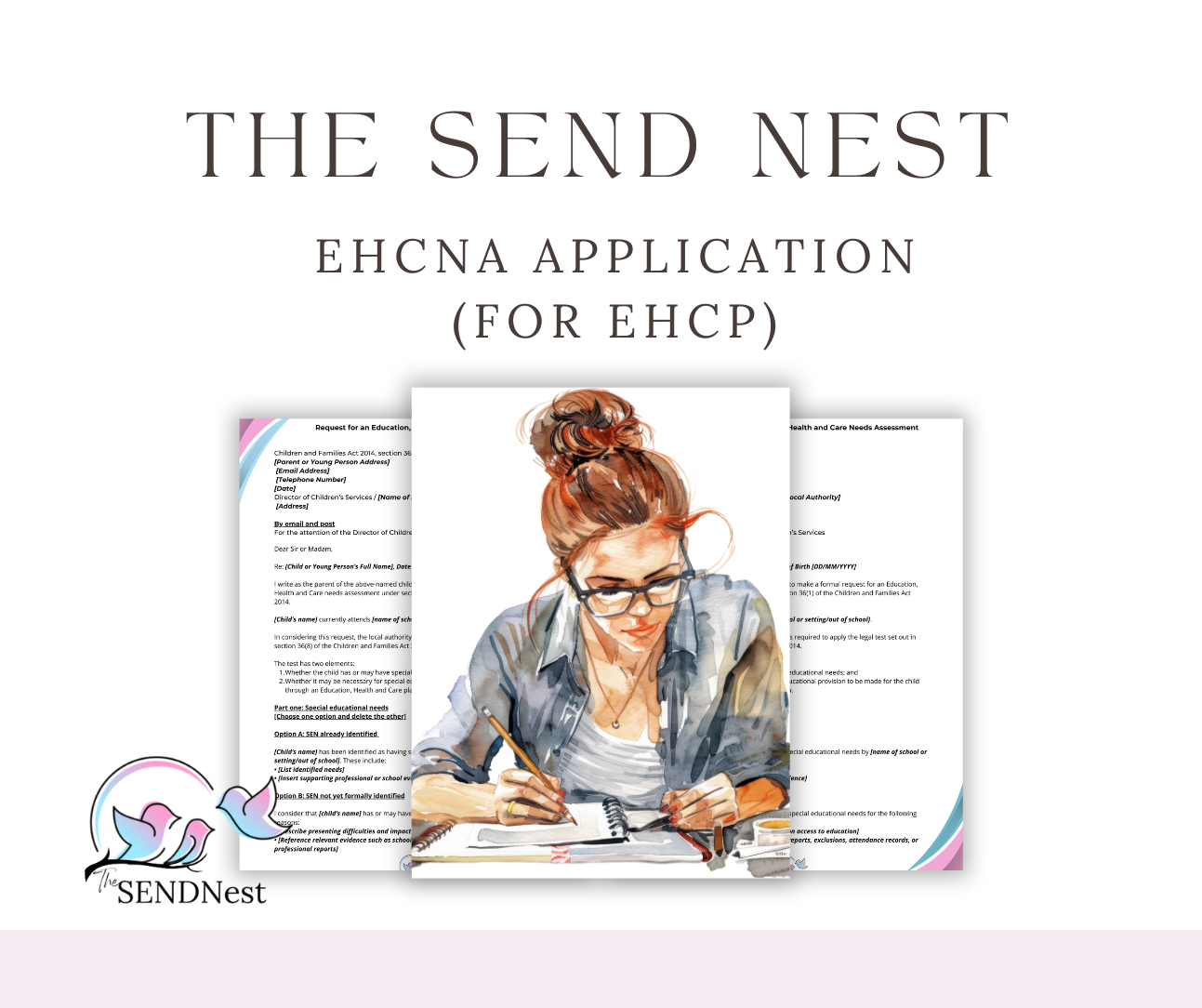 A website header showing 'The Send Nest' title with EHCNA application forms and illustrations of people working.
