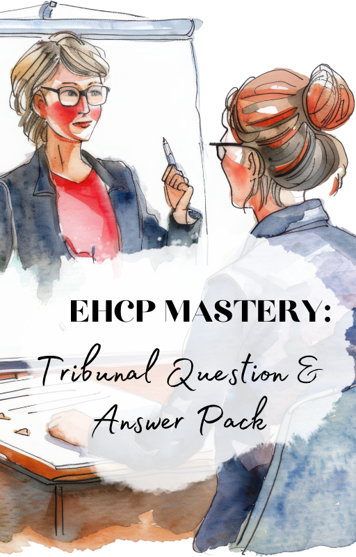 Watercolor illustration series showing people in professional settings with navy and red color scheme for EHCP mastery materials.