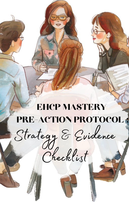 Watercolor illustration of a business meeting showing professionals discussing EHCP mastery pre-action protocols and strategy.