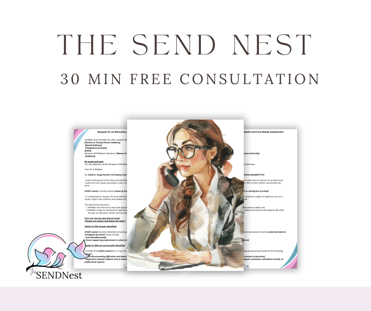Professional website header design for The Send Nest business showing 30 minute free consultation offer and brand elements.