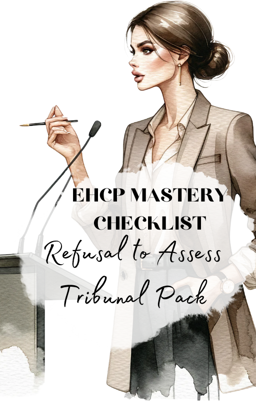 Watercolor fashion illustration of a professional woman in beige blazer with text overlay for EHCP mastery checklist.