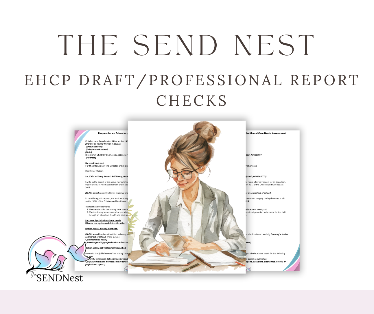 Professional website header showing office desk scenes and document drafting with a soft pink and white color scheme.