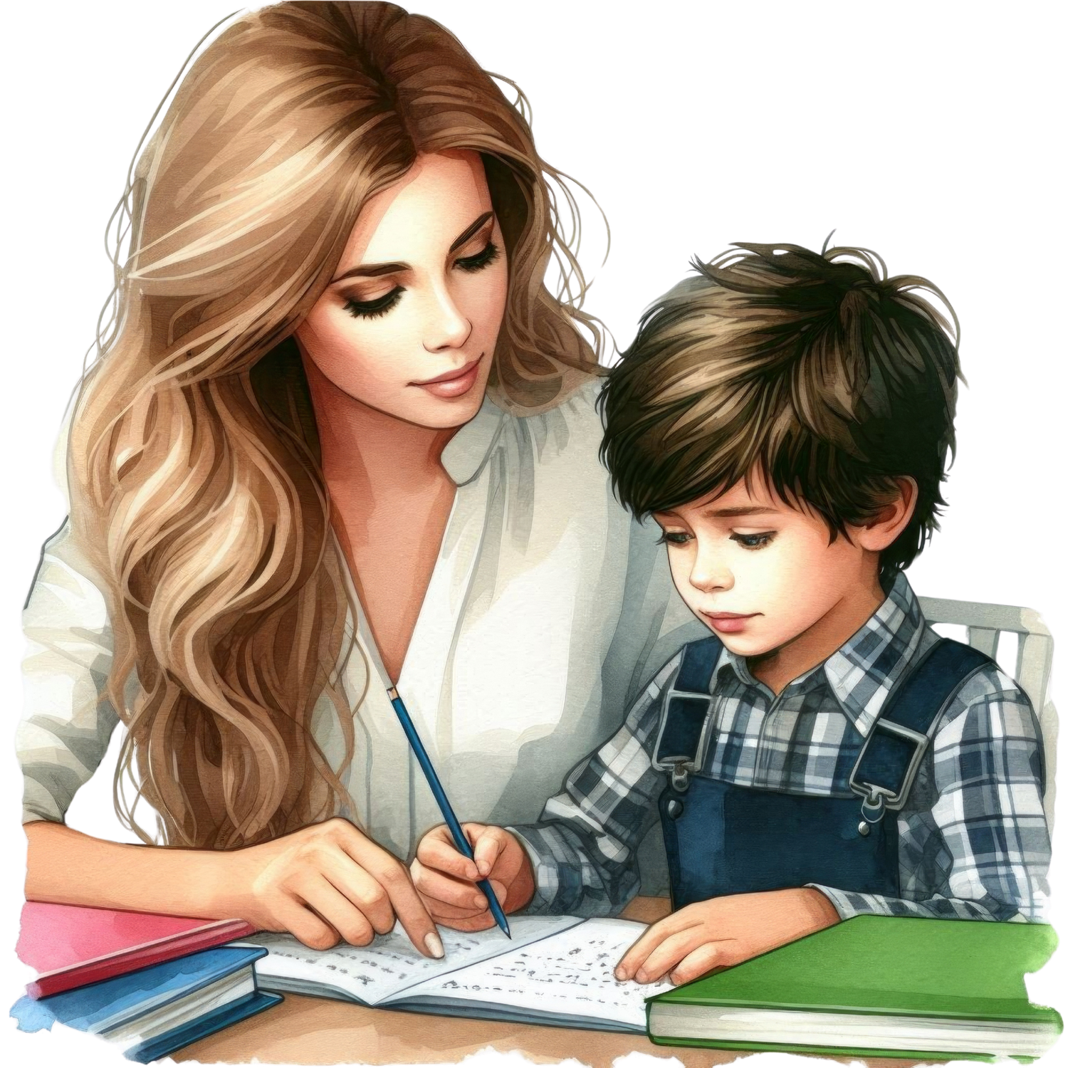 Digital illustration of a parent helping a young child with homework at a desk with books and school supplies.