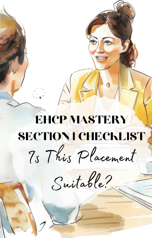 Watercolor illustration of a study guide or checklist with text showing EHCP Mastery and Section 1 Checklist.