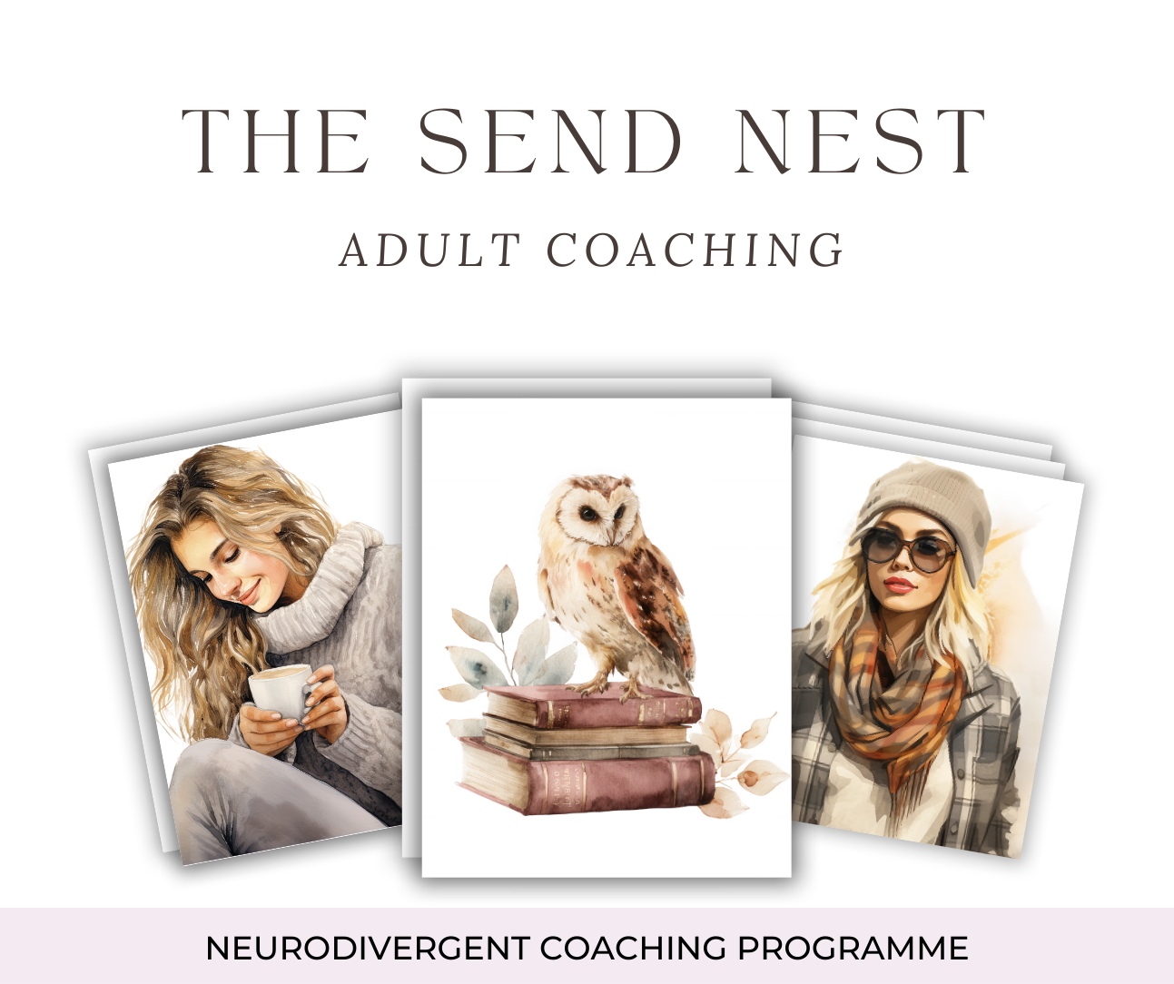 A collage of coaching and wellness images with text 'The Send Nest' and 'Adult Coaching' in muted tones.