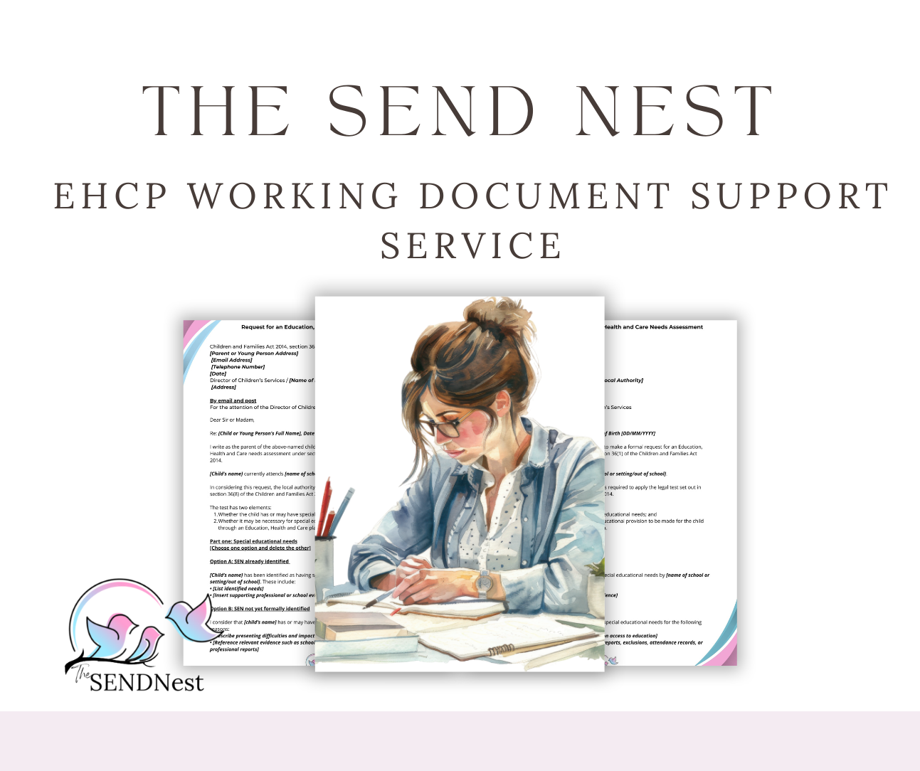 A professional document support service logo showing someone working at a desk with papers and documents.