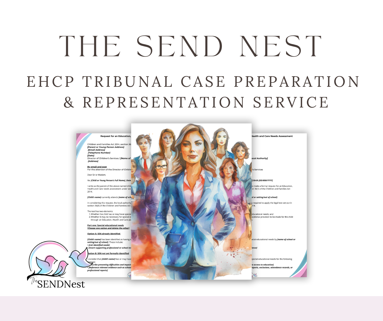 A collection of EHCP tribunal case preparation service documents and website headers with watercolor artwork elements.