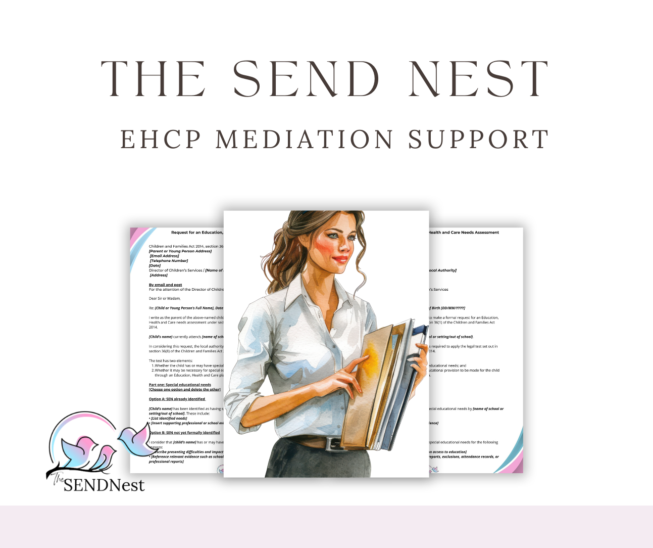 A website header design for 'The Send Nest' featuring EHCP mediation support with document mockups and illustrations.