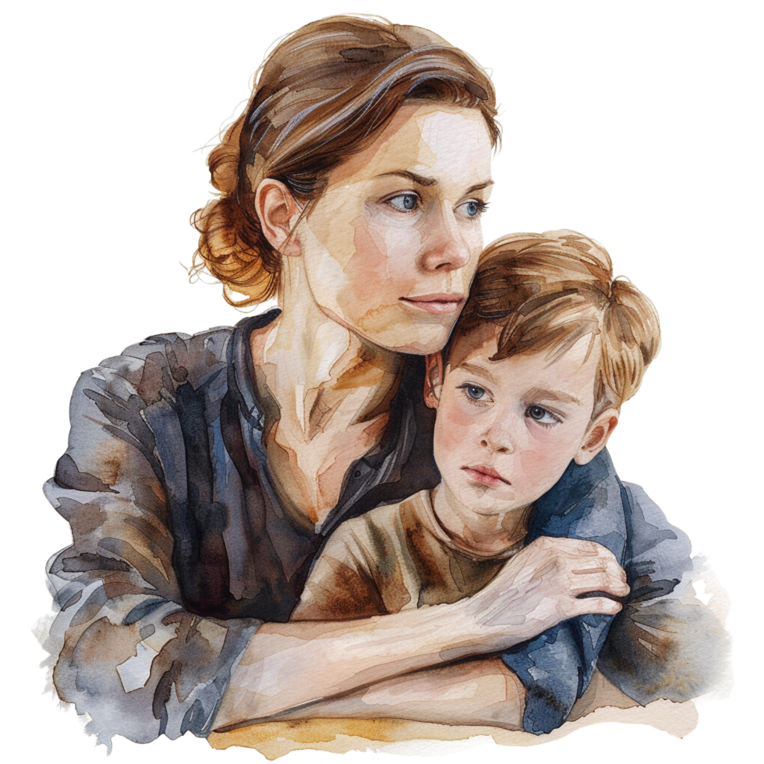 Watercolor painting depicting a tender moment between parent and child in muted blue and brown tones.