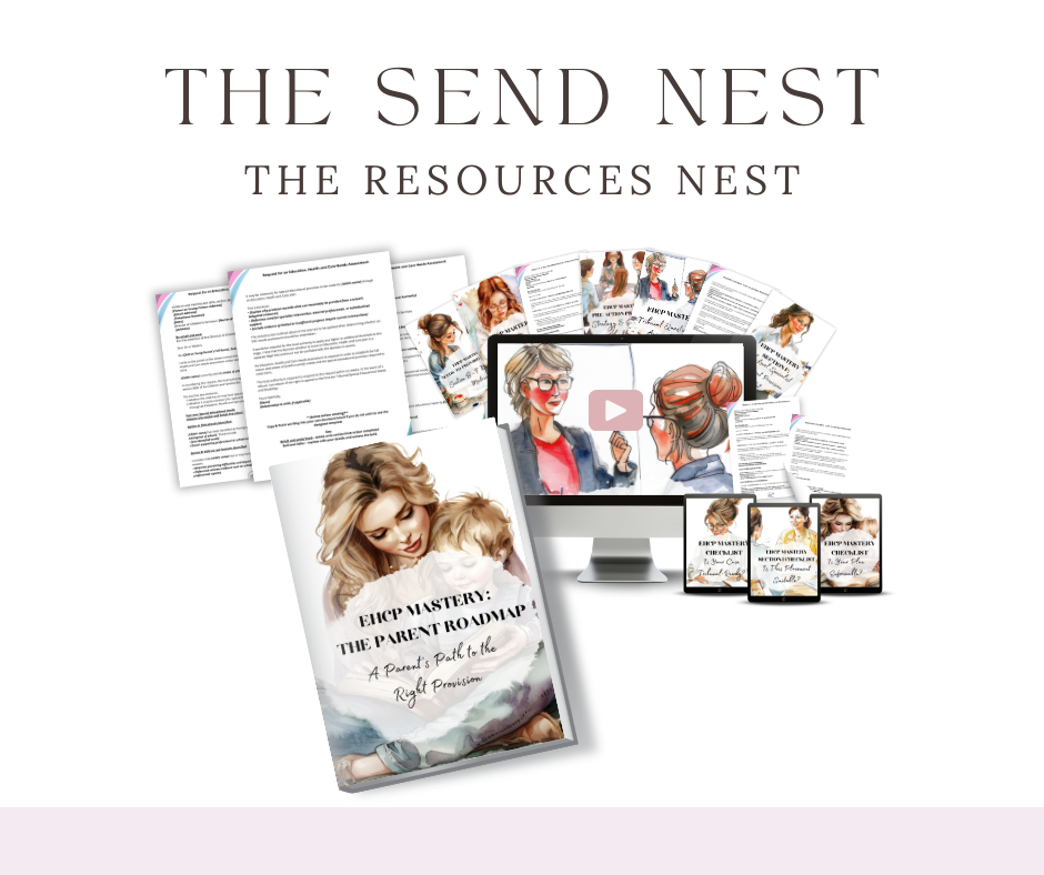 A website header design featuring 'The Send Nest' text with multiple small images and design elements in a horizontal layout.