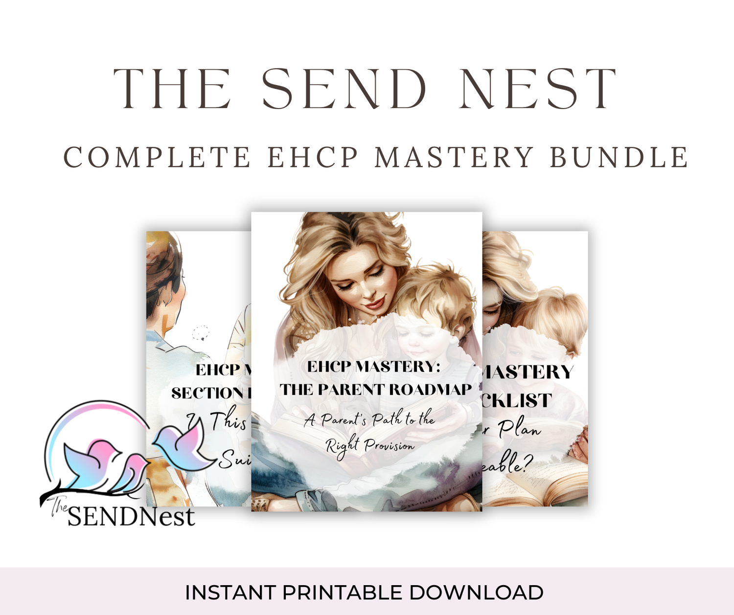 Website header banner for The Send Nest Complete EHCP Mastery Bundle showing course materials and branding elements.